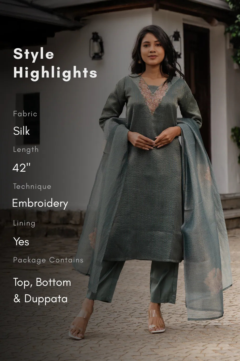 Green Mist 3 Piece Crush Silk Blend Floral Hand-Embroidered Kurta with Pant &amp; Dupatta
