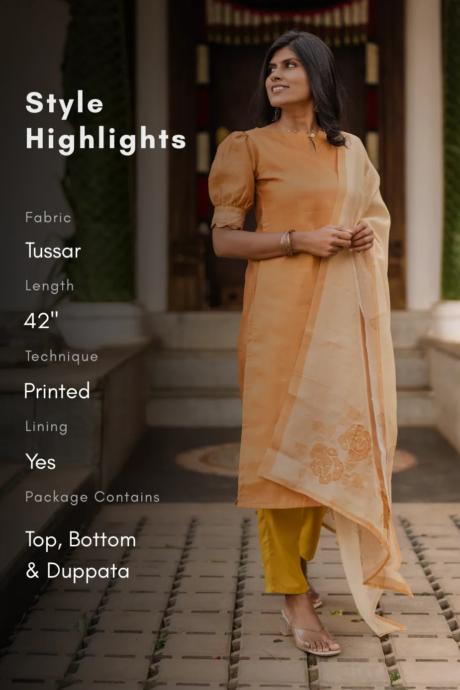 Aurel Yellow 3 Piece Tussar Silk Blend Printed Kurta with Pant &amp; Dupatta