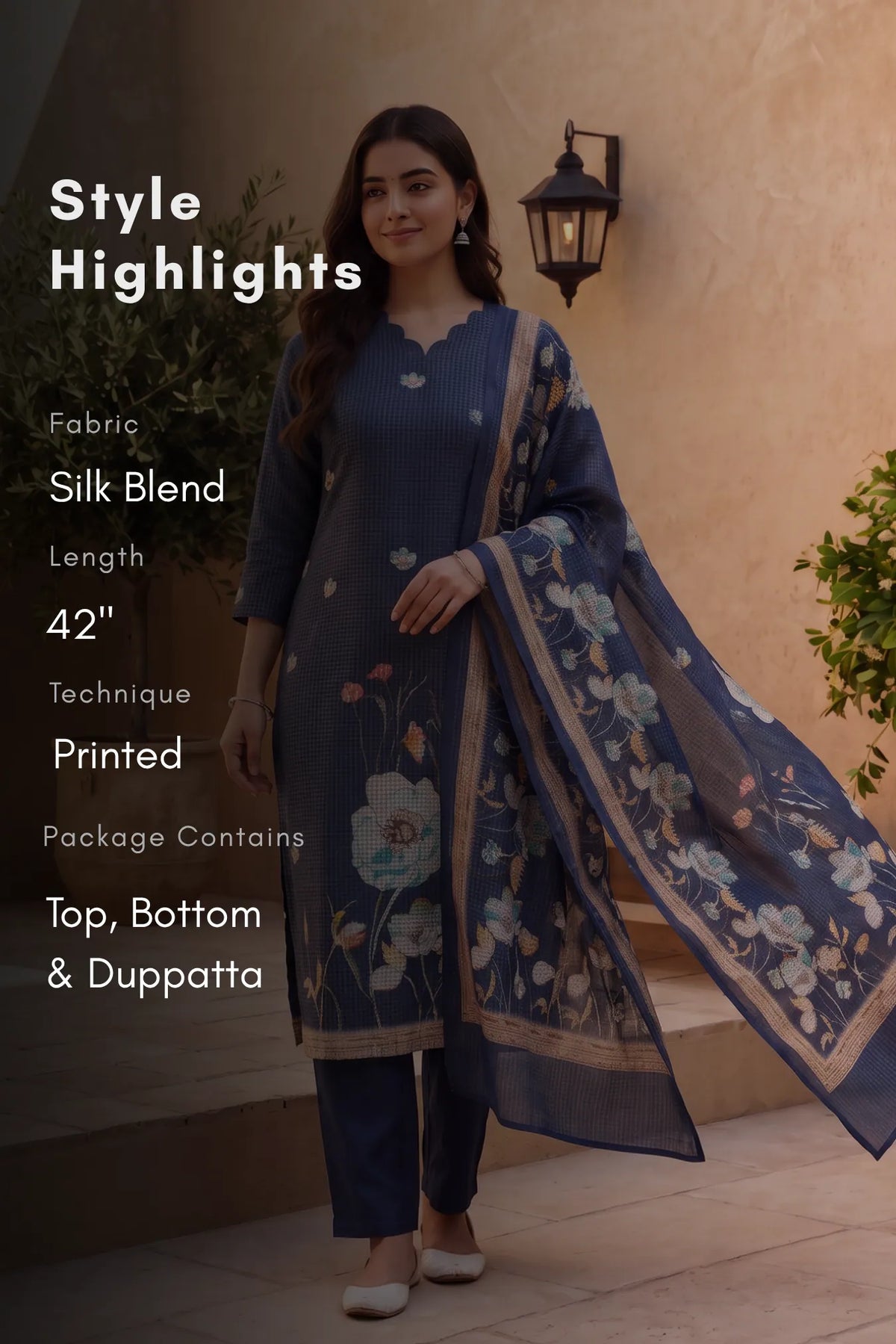 Navy Elegance Navy Silk Blend Printed 3-Piece Kurta Set