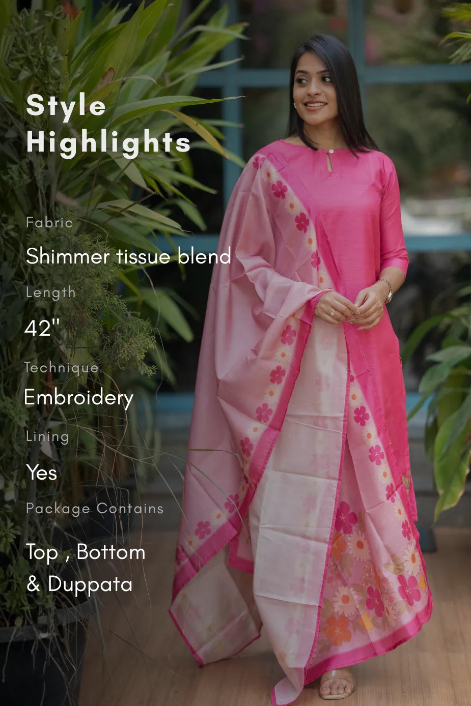 Munga Dark Arca Daman Bright Rose Embroidered 3 Piece Shimmer Tissue Blend Kurta Set with Dupatta