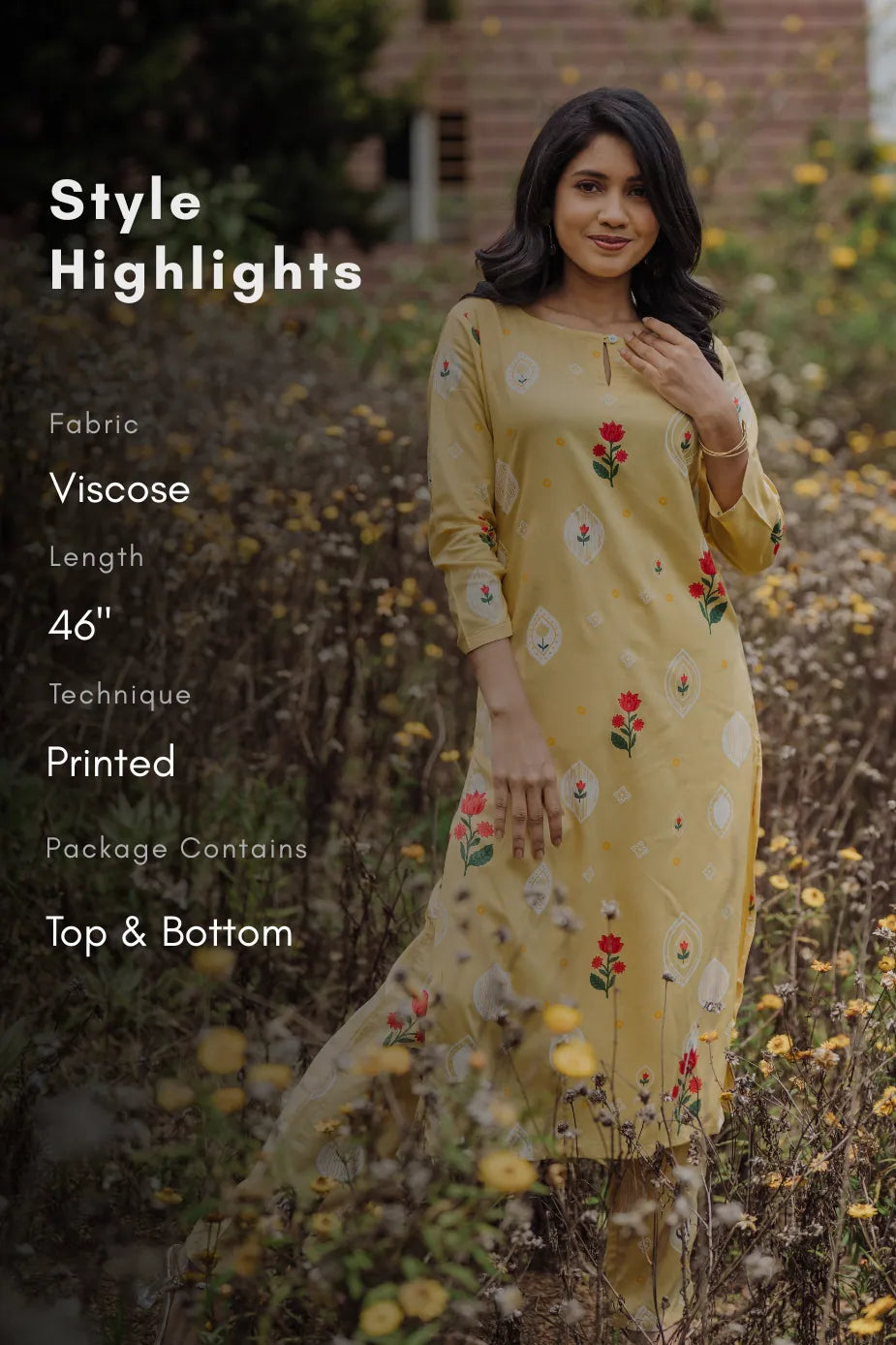 Lumea Bloom Yellow Viscose Co-ord with Boat Neck &amp; 3/4th Sleeves