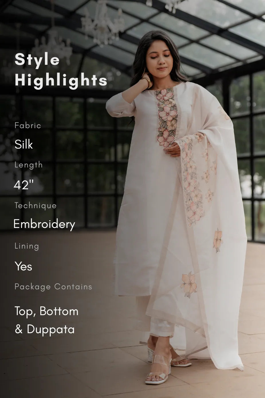 Lavira petal Off-White 3 Piece Silk Blend Embroidery Kurta with Pant &amp; Dupatta