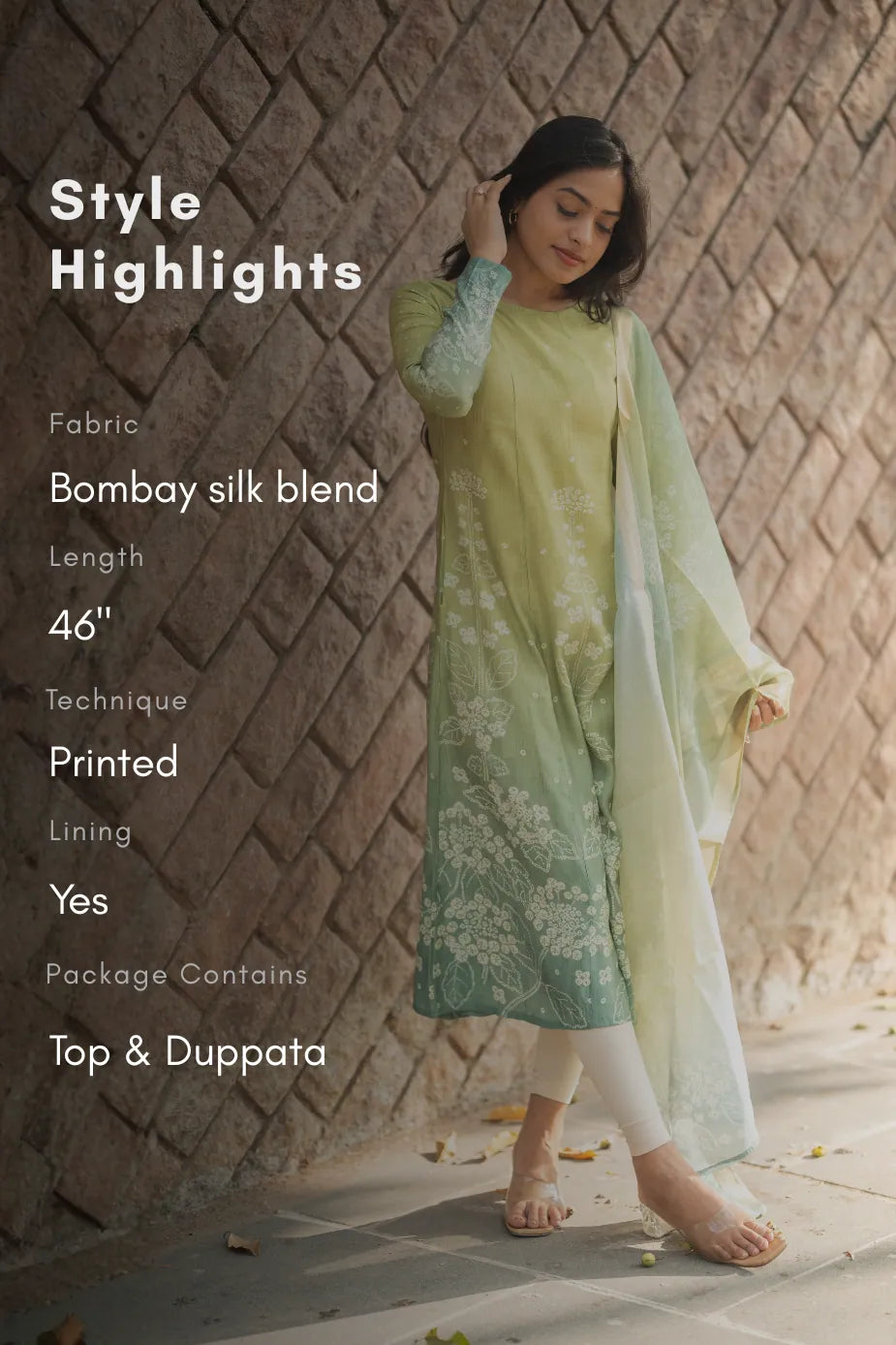 Pistachio Petal Printed 2 Piece Bombay Silk Blend Kurta with Dupatta