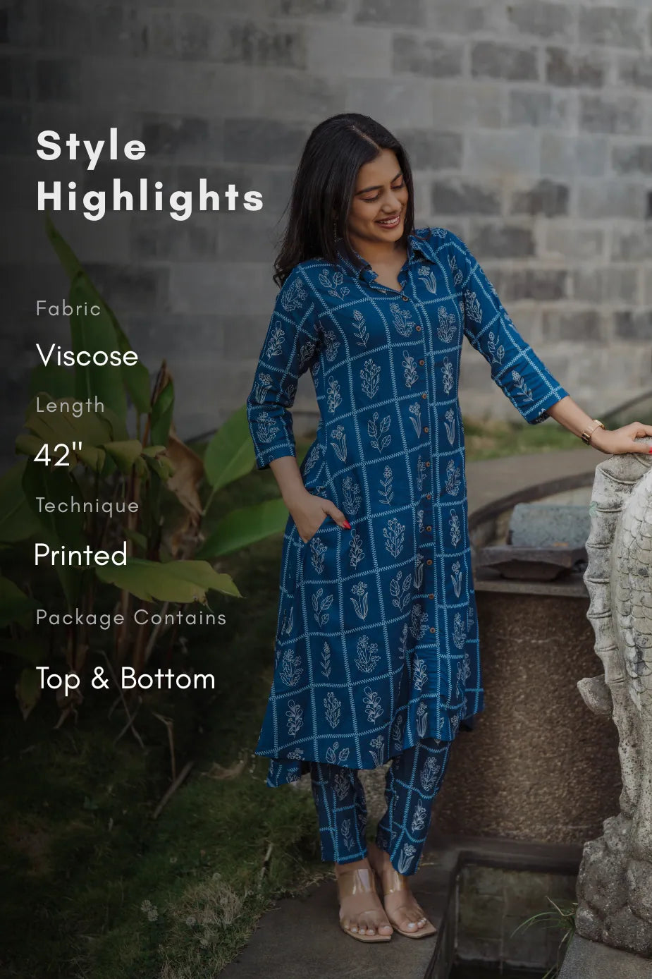 Monarch Shadow Blue Viscose Co-ord with Shirt Collar &amp; 3/4th Sleeves