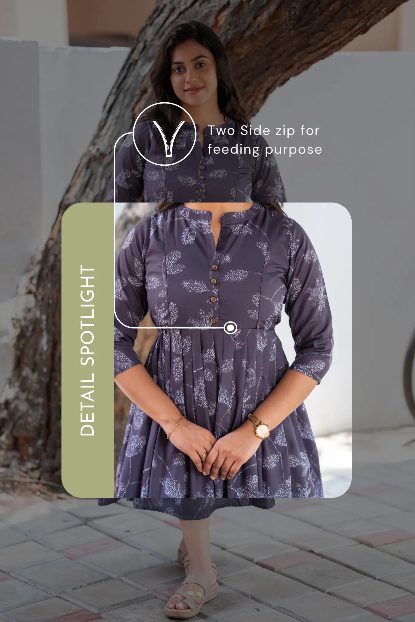 Muted Munlit Grey Printed Maternity and Feeding Maxi Wear