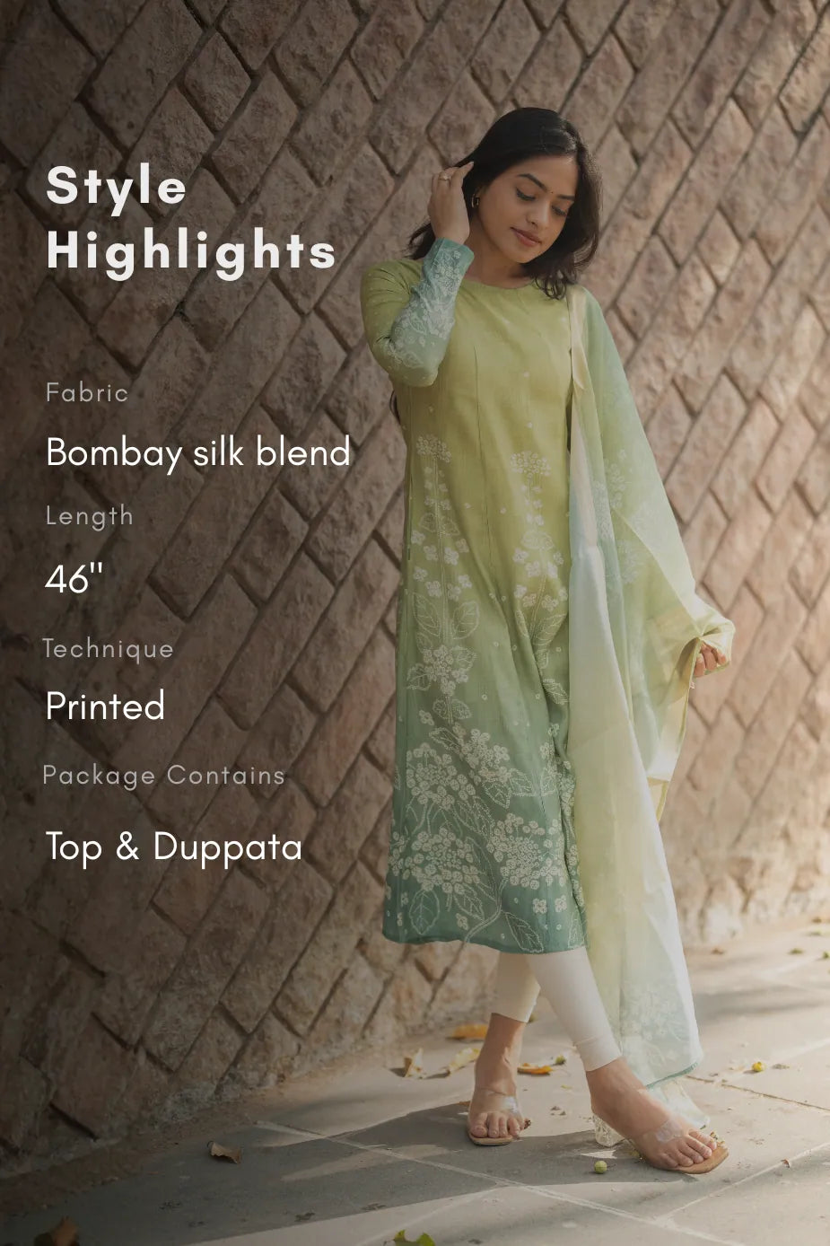 Pistachio Petal Printed 2 Piece Bombay Silk Blend Kurta with Dupatta