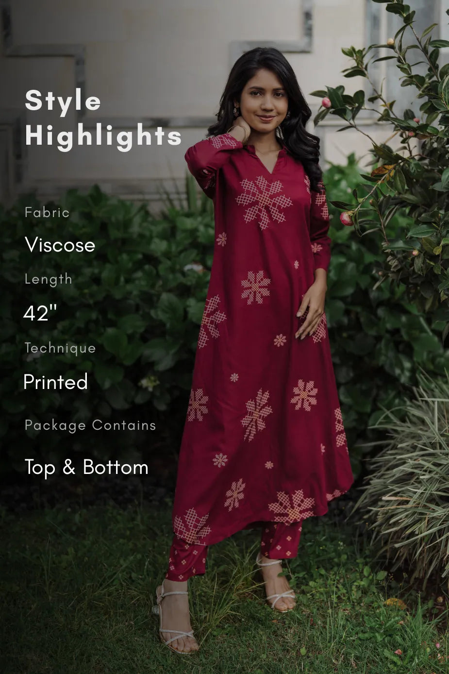 Maroon Mosaic Viscose Co-ord with Shirt Collar &amp; 3/4th Sleeves