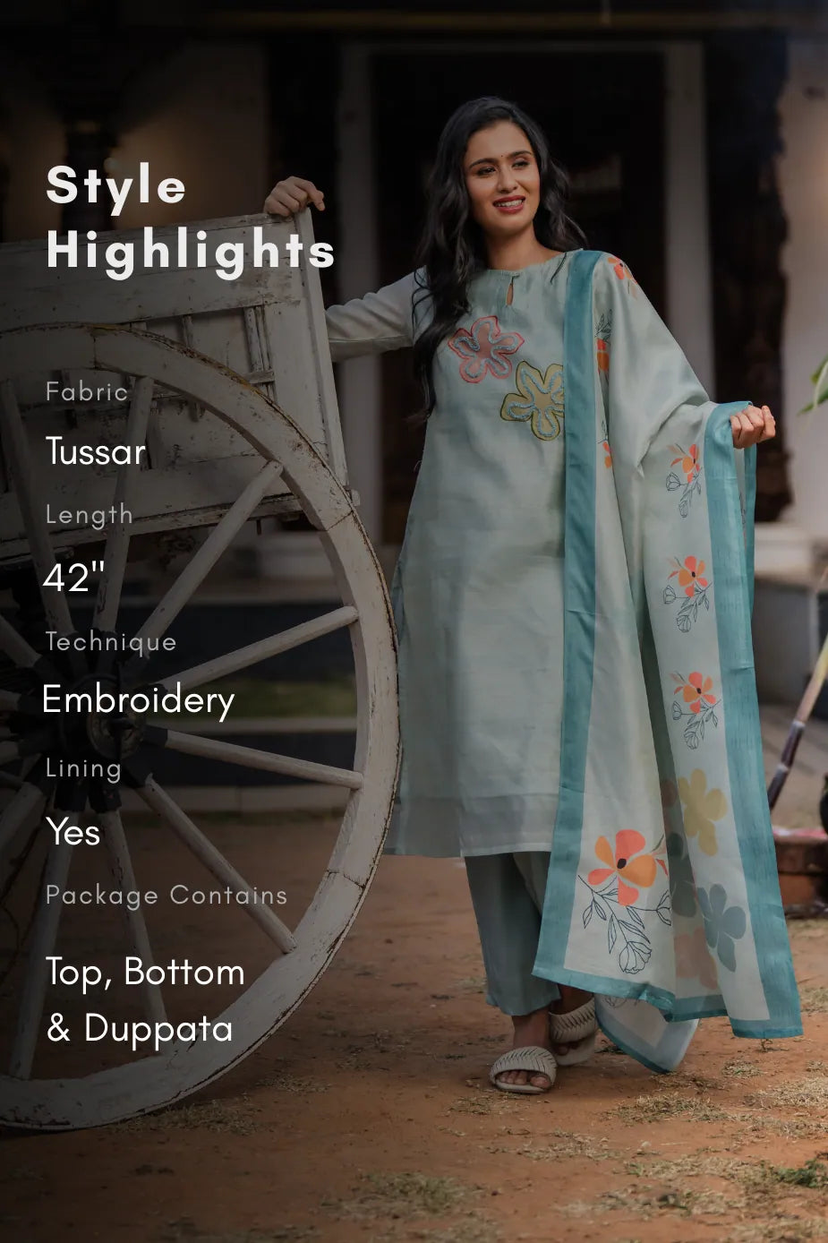 Blueish Blue 3 Piece Tussar Silk Blend Printed Hand-Embroidered Kurta with Pant &amp; Dupatta