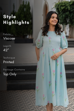 Floral Blue Tulip Popover Viscose Printed Dress