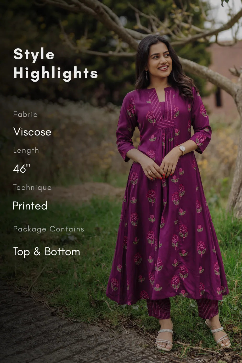 Twilight Flower Violet Viscose Co-ord with Chinese Collar &amp; 3/4th Sleeves