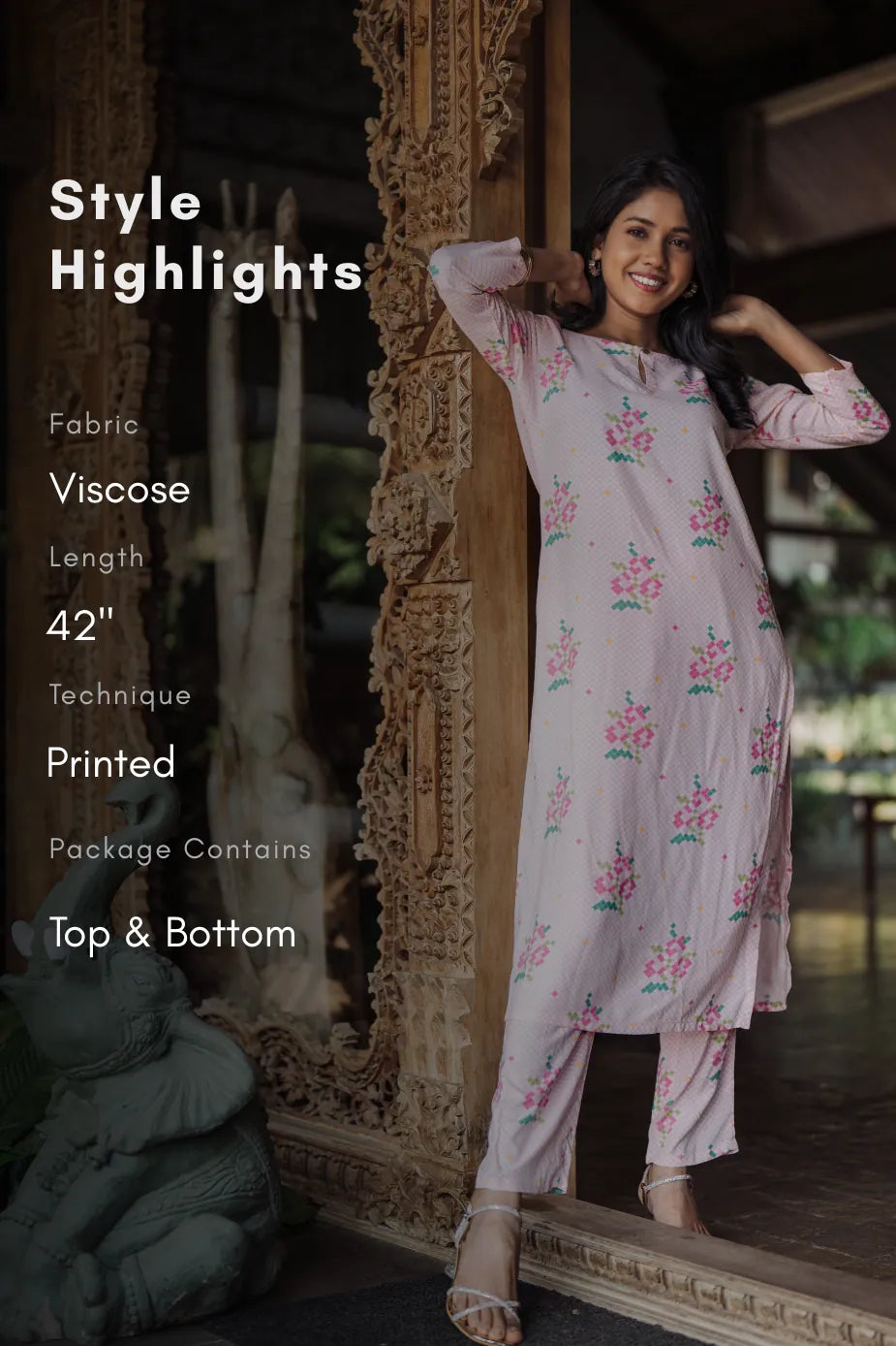 Petal Pixel Charm Pink Viscose Co-ord with Boat Neck &amp; 3/4th Sleeves