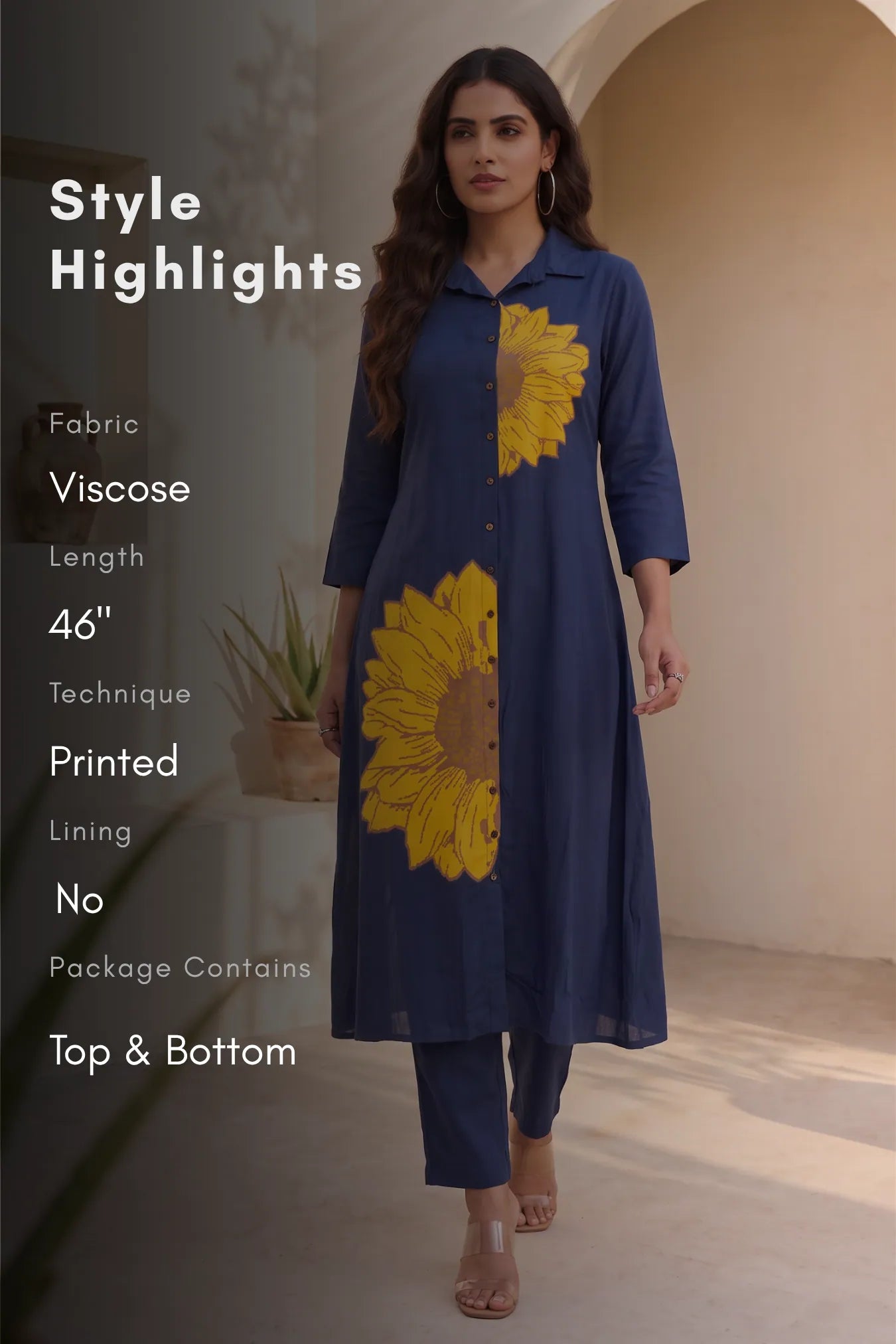 Sunflower Sapphire Floral Shirt Collar A-Line Dress