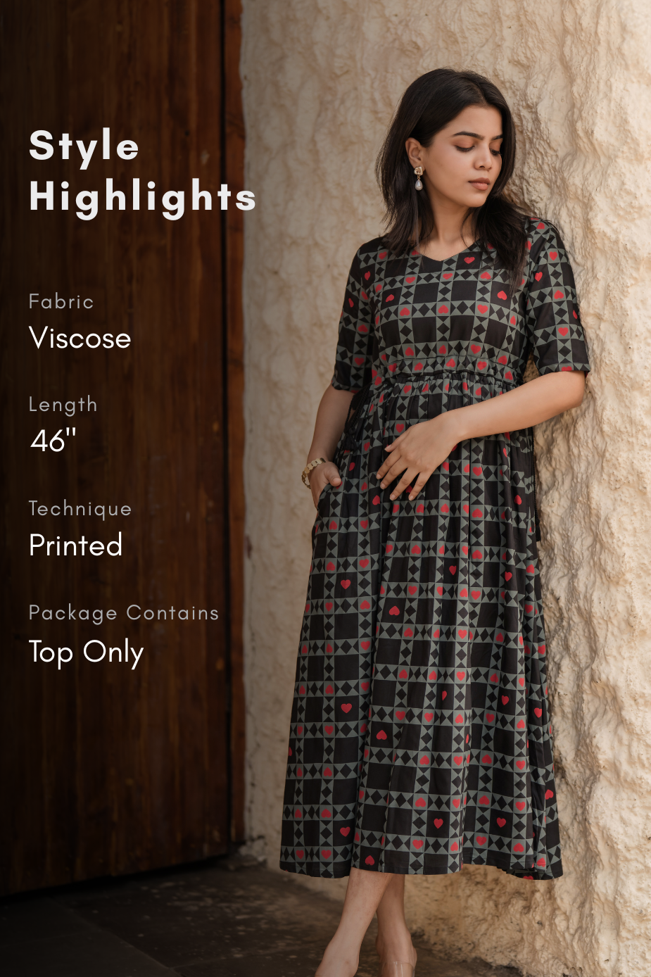 Grid Flow Dark Grey Viscose Dress with V-Neck &amp; Elbow Sleeves