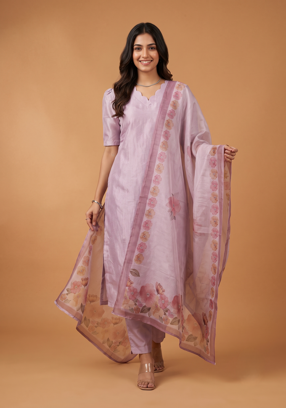 Lilac Blossom 3 Piece Crush Silk Blend Hand-Embroidered Kurta with Pant &amp; Dupatta