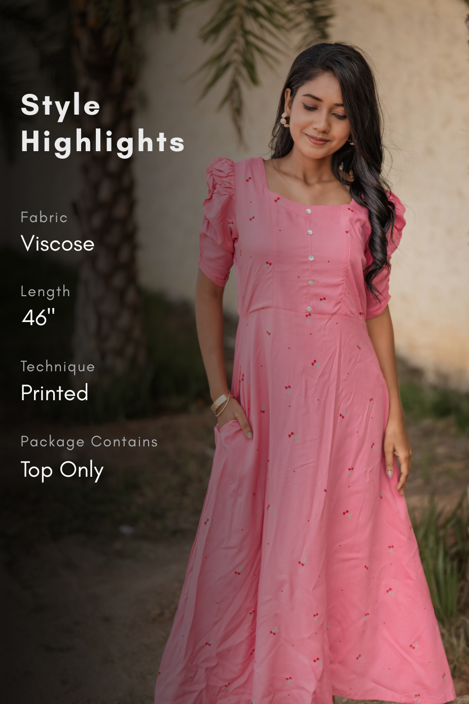 Blush Cascade Pink Viscose Dress with Sweetheart Neck &amp; Ruched Sleeves