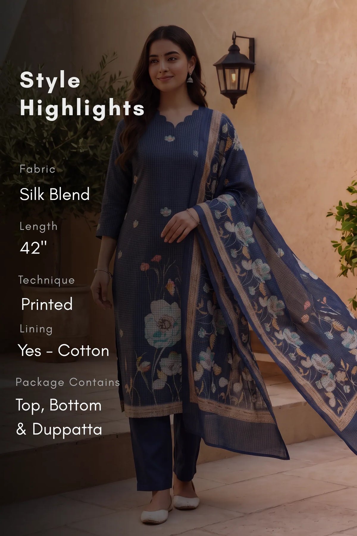 Navy Elegance Navy Silk Blend Printed 3-Piece Kurta Set