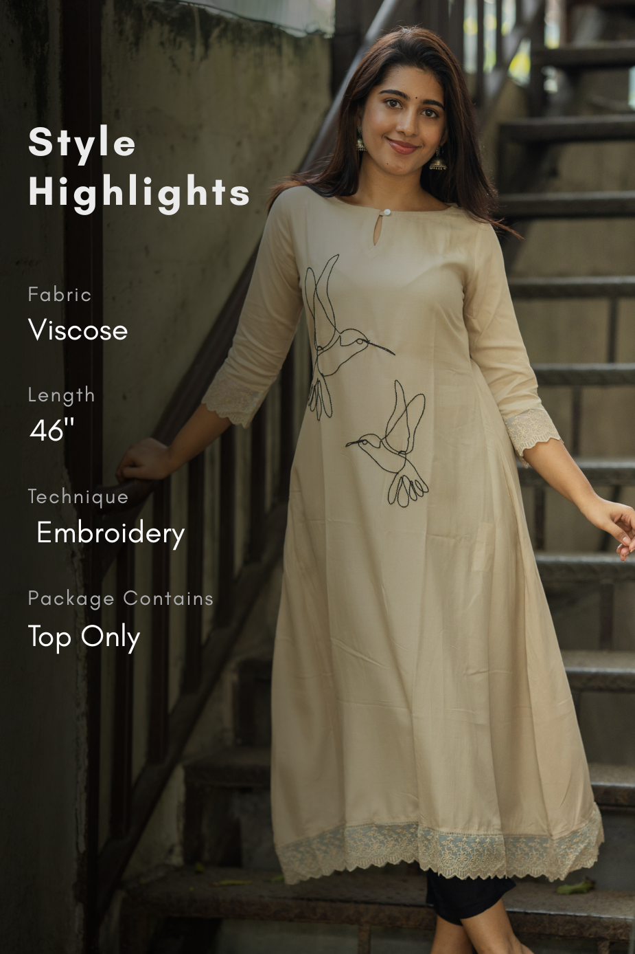 Nira Feather Beige Viscose Embroidered A-Line Kurta with Boat Neck and 3/4 Sleeves