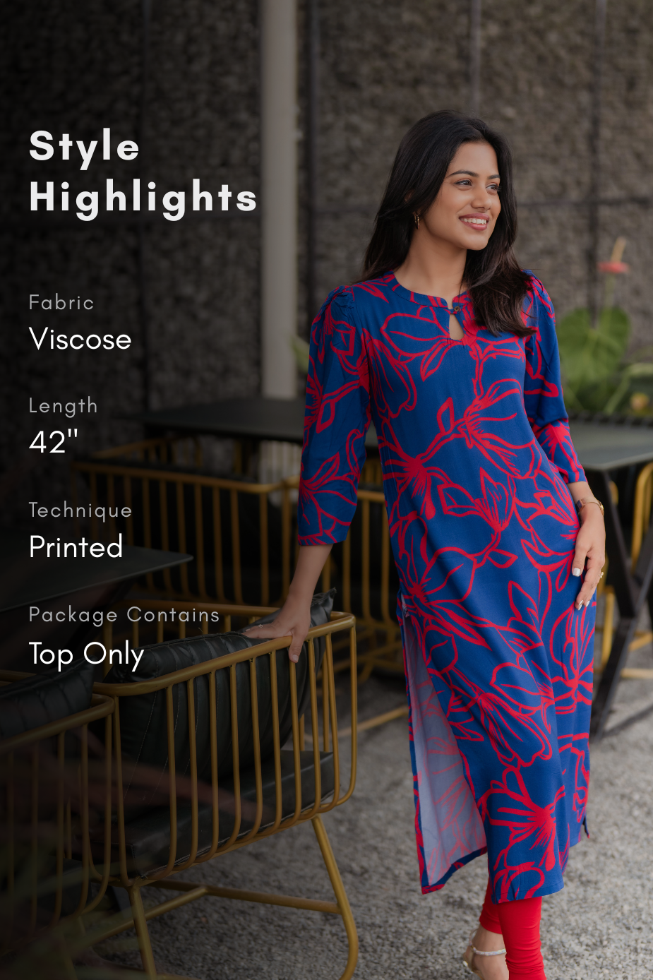 Bluetail Viscose Kurta with Chinese Collar &amp; 3/4 Sleeves