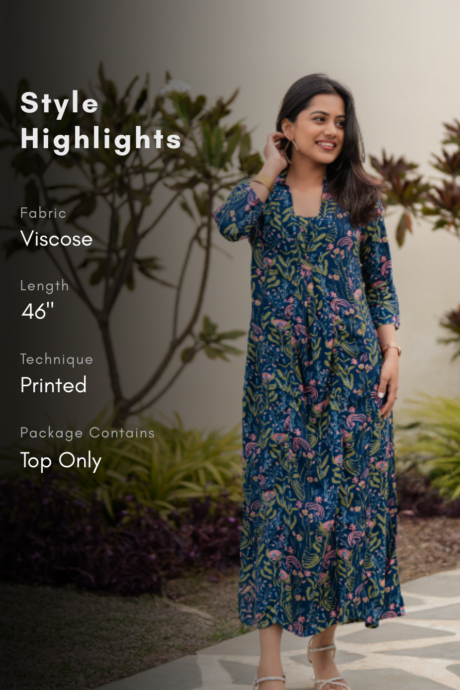 Verdant Muse Blue Viscose A-Line Kurta with V-Neck &amp; 3/4 Sleeves