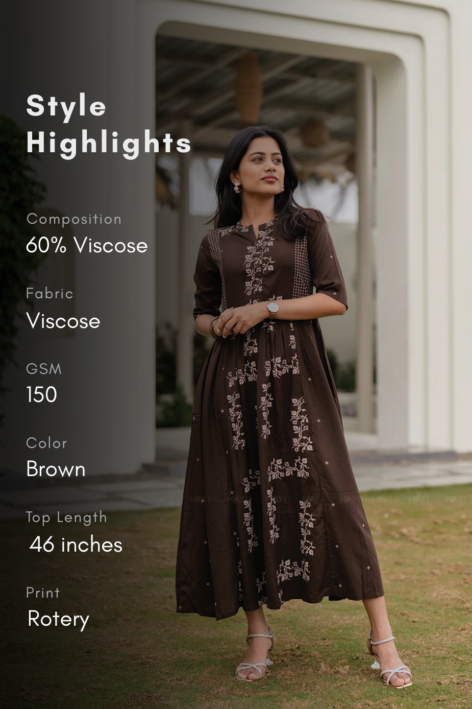 Caramel Flora Brown Viscose Dress with Chinese Collar Neck &amp; Elbow Sleeves