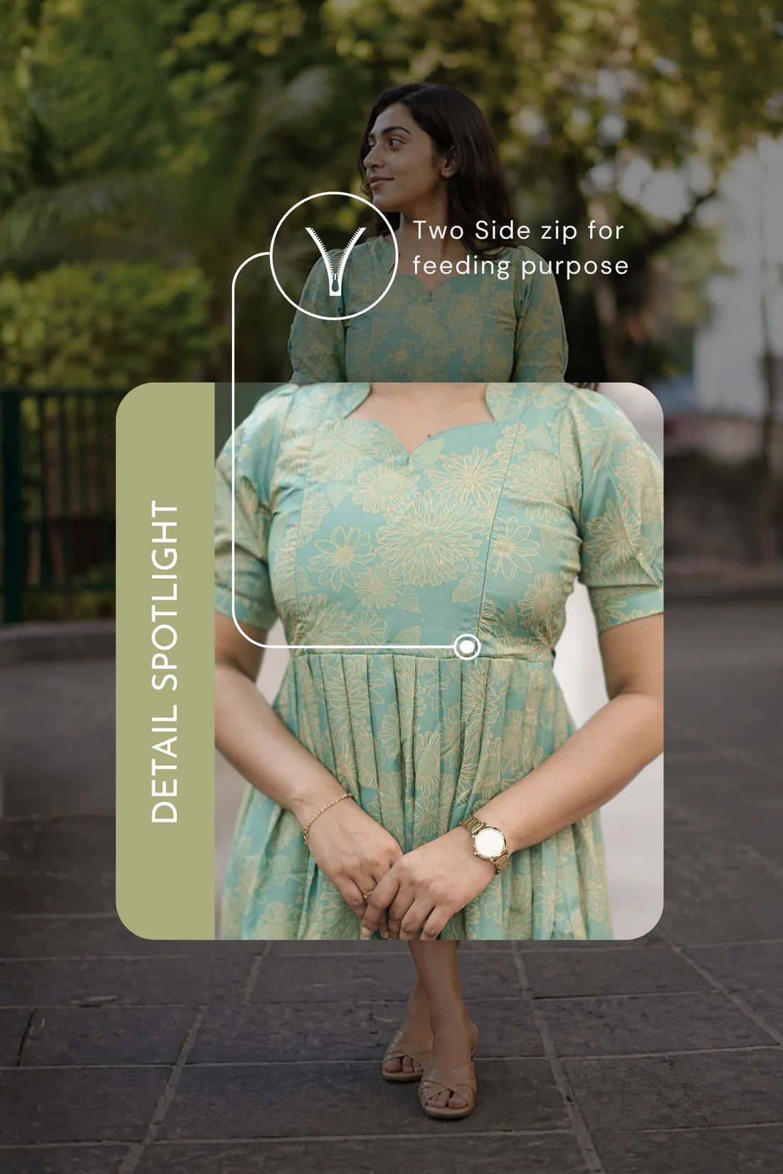 Soft Sage Charm Green Printed Maternity and Feeding Maxi Outfit