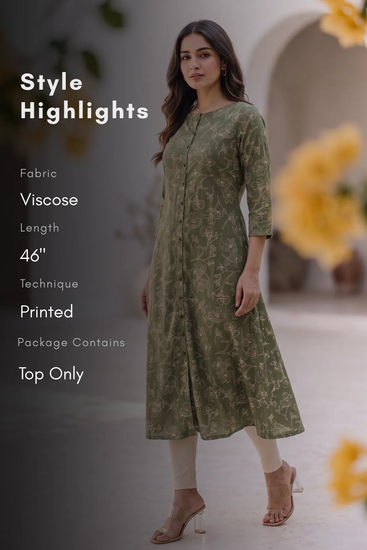 Botanical Charm Green Viscose Printed A-Line Kurta
