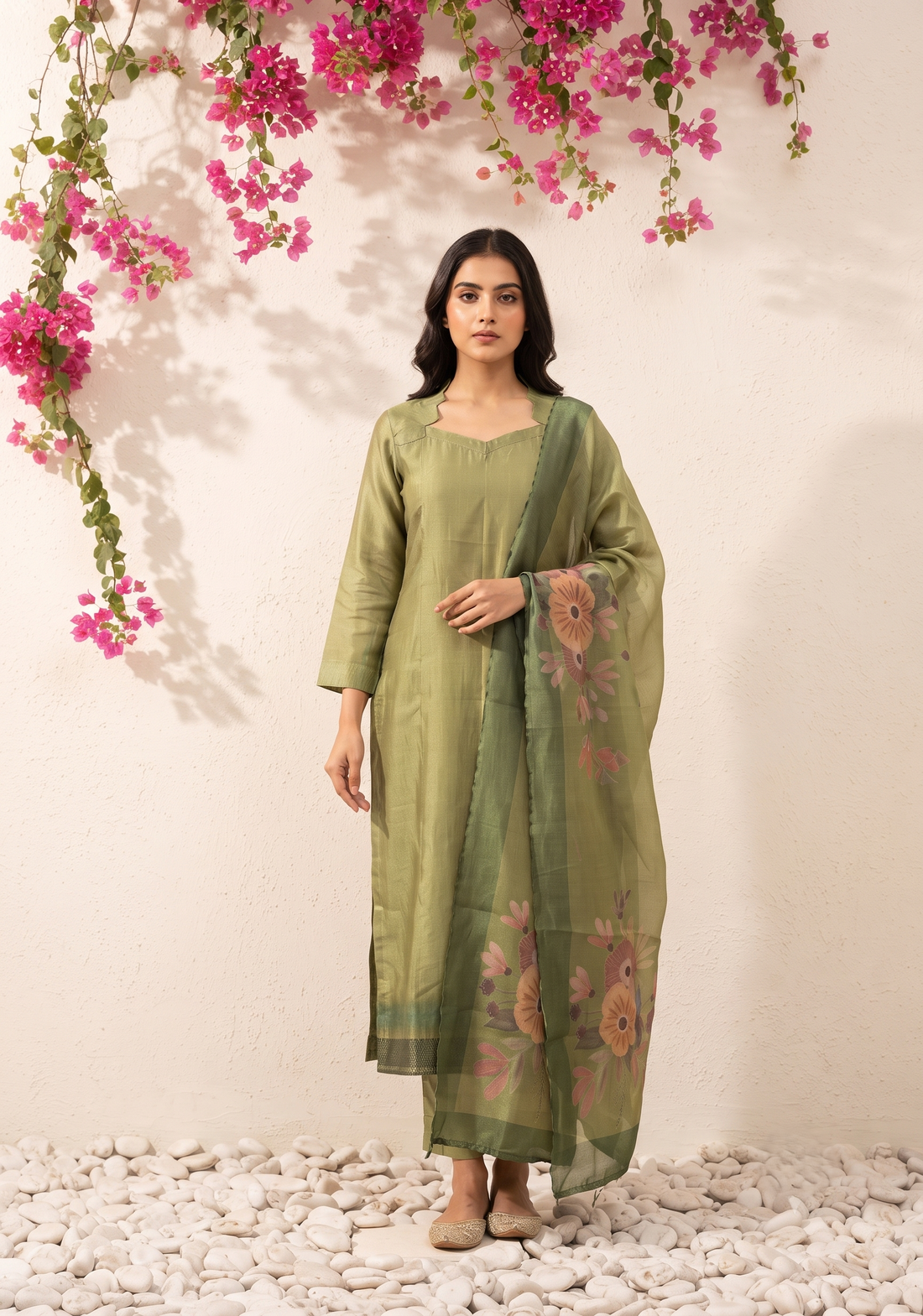 Matcha Bloom 3 Piece Tussar Silk Printed Kurta Set with Dupatta
