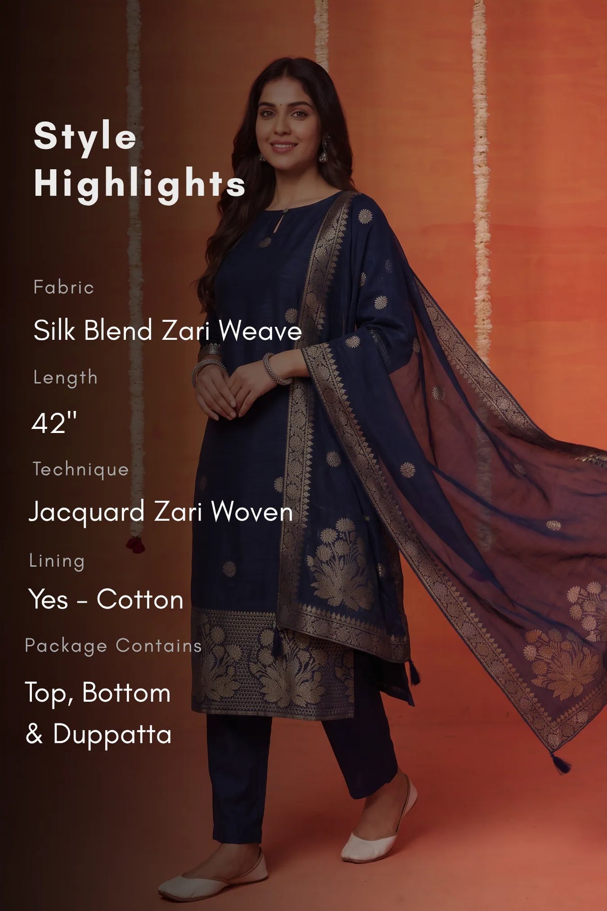 Royal Zari Bloom Navy Silk Blend Jacquard 3-Piece Kurta Set