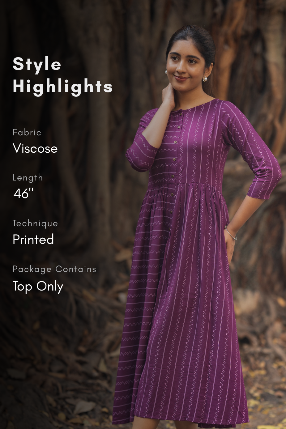 Grape Line Violet Viscose Dress with Boat Neck &amp; 3/4th Sleeves