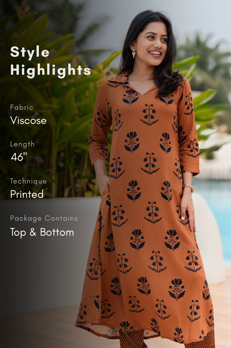 Muds Tone Orange Viscose Co-ord with Shirt Neckline &amp; 3/4th Sleeves