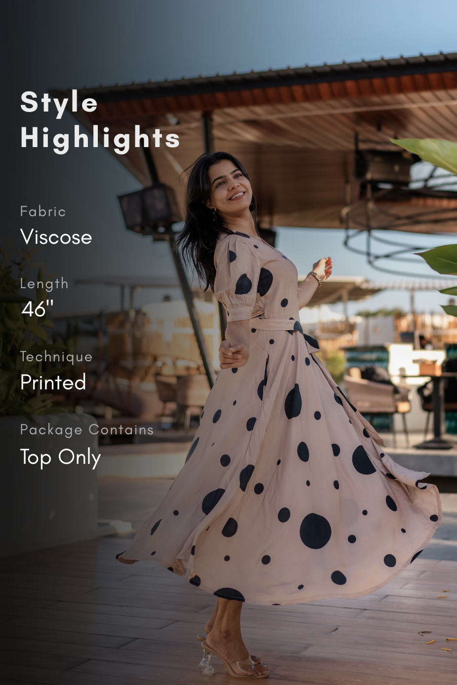 Desert Bubble Beige Viscose Wrap Dress with V-Neckline &amp; Light Puff Sleeves