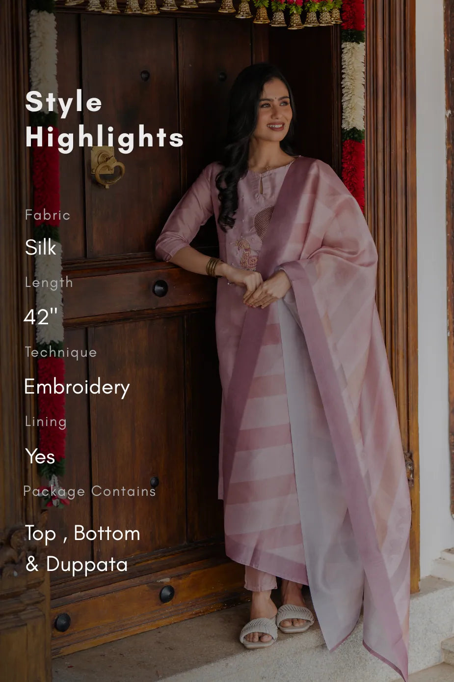 Thogai Dusky Pink 3 Piece Silk Blend Embroidery Kurta with Pant &amp; Dupatta