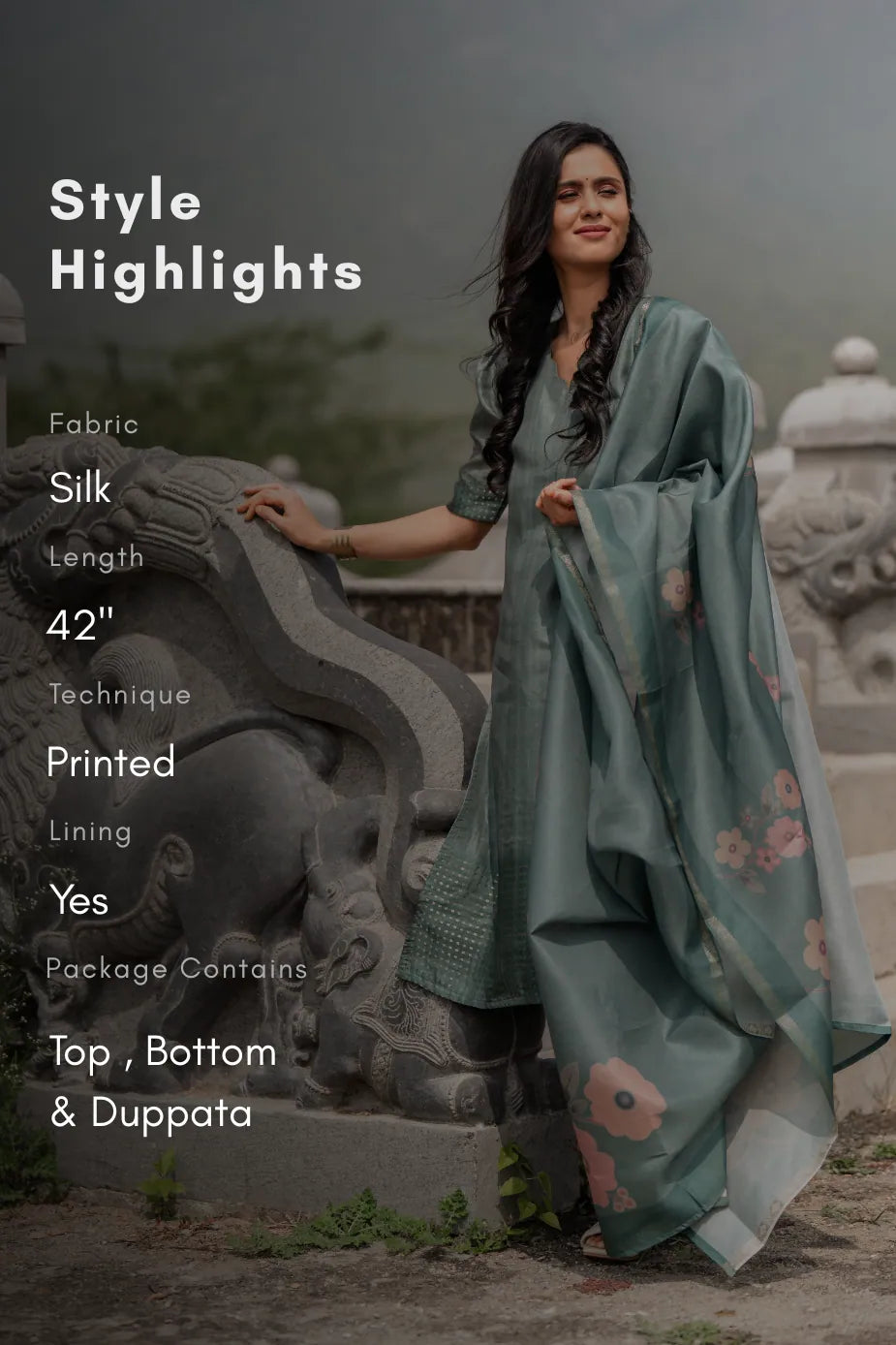 Green Tussar sequence Daman 3 Piece Silk Check Blend Floral Printed Kurta with Pant &amp; Dupatta