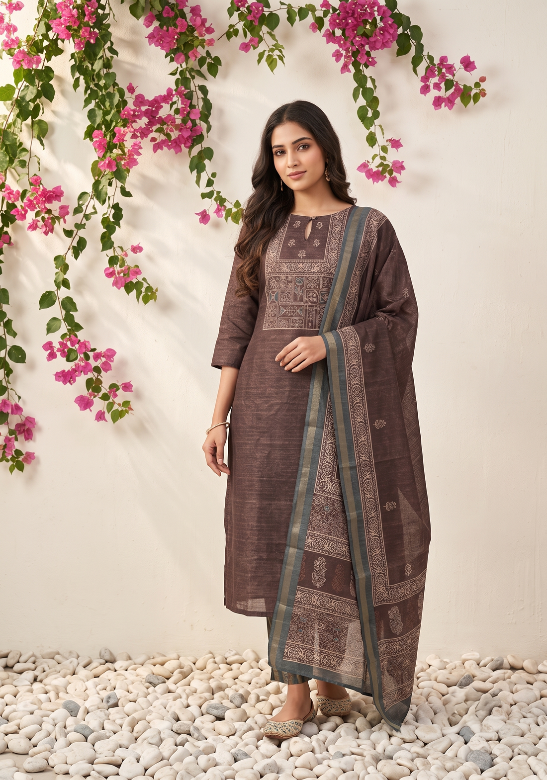 Tanira Brown printed 2 Piece Khata Silk Kurta with Dupatta