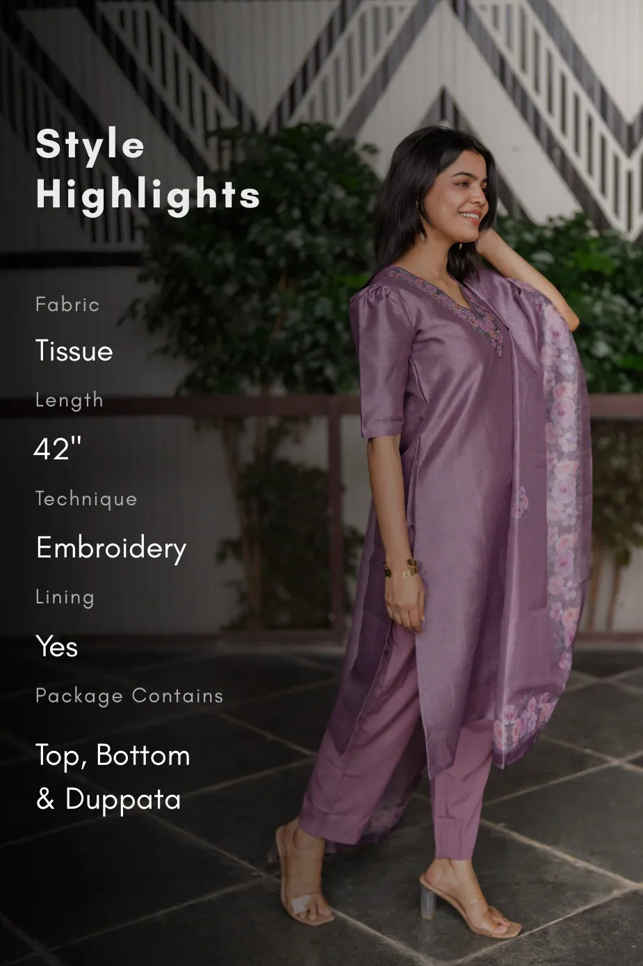 Divine Lilac Lavender Embroidered 3 Piece Organza Silk Blend Kurti Set with Dupatta