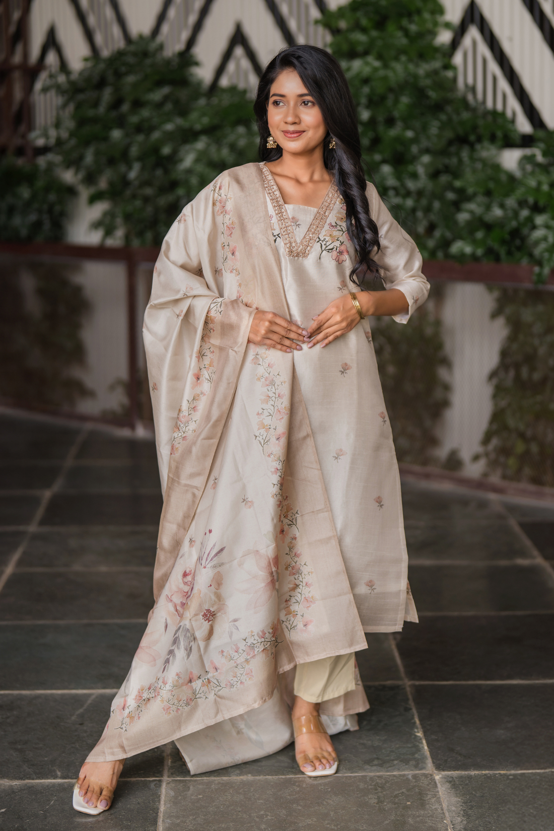 Ivory Grace Embroidered &amp; Printed 3 Piece Tussar Silk Blend Kurti Set with Dupatta