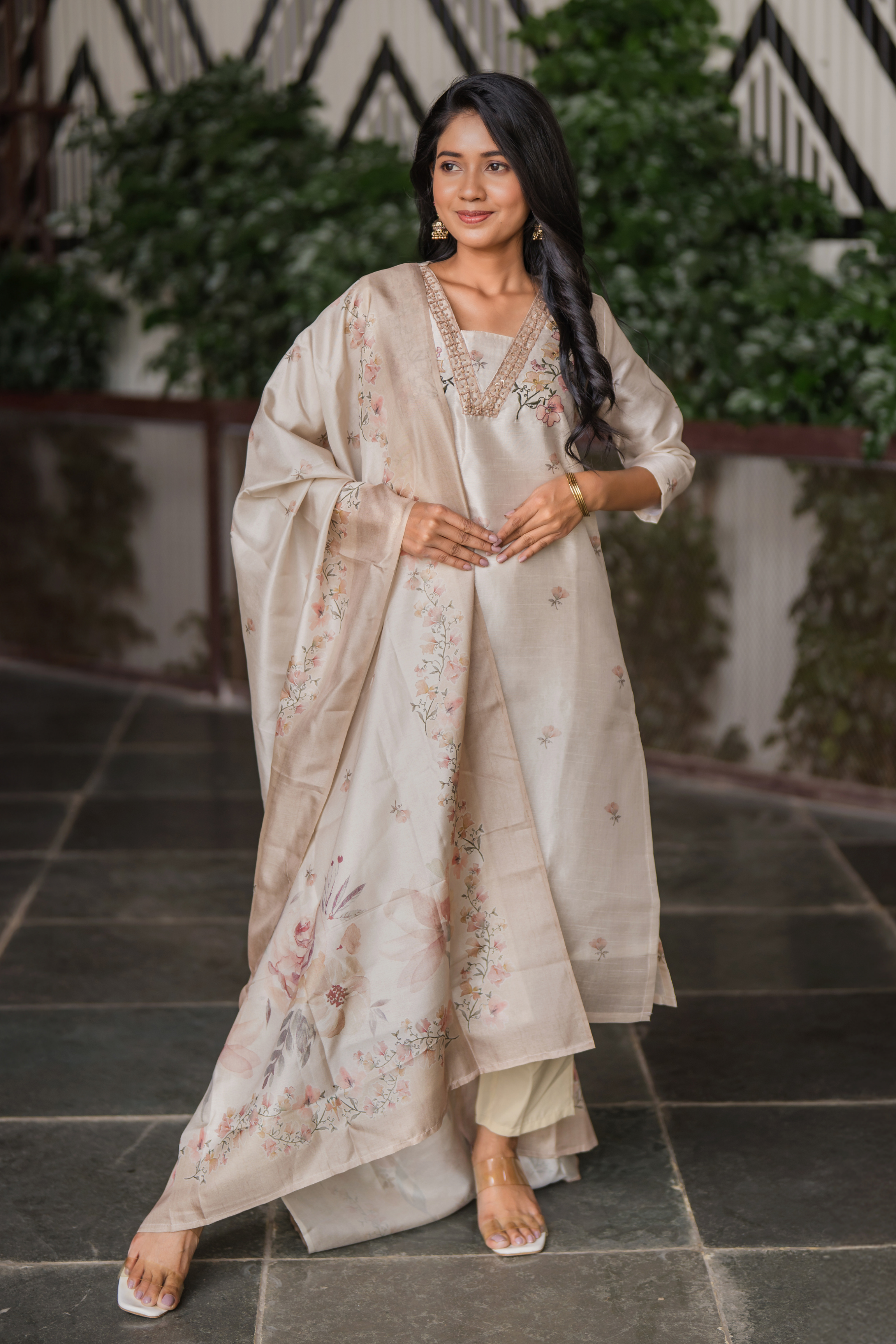 Ivory Grace Embroidered &amp; Printed 3 Piece Tussar Silk Blend Kurti Set with Dupatta