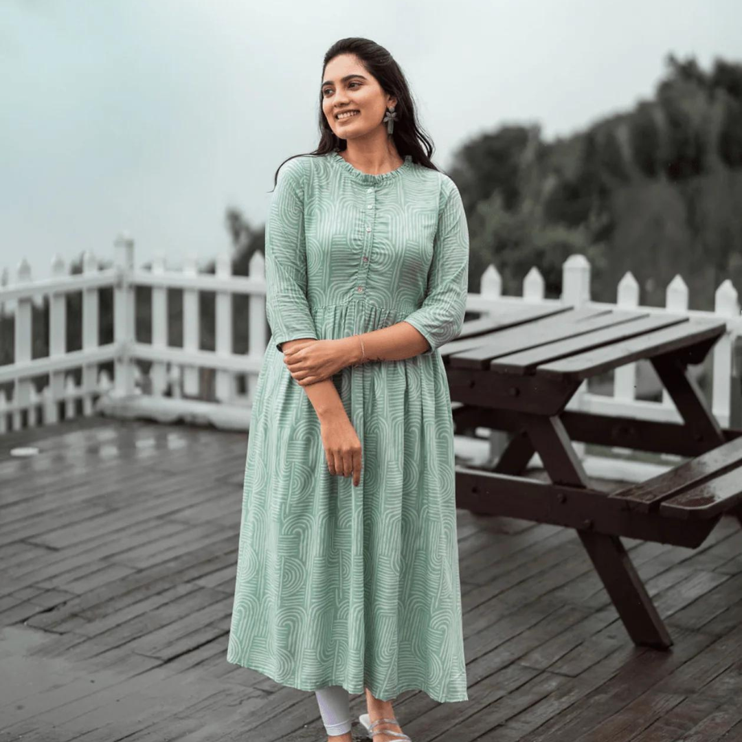 Delightful Arcs Pista Printed Maternity wear and feeding dress