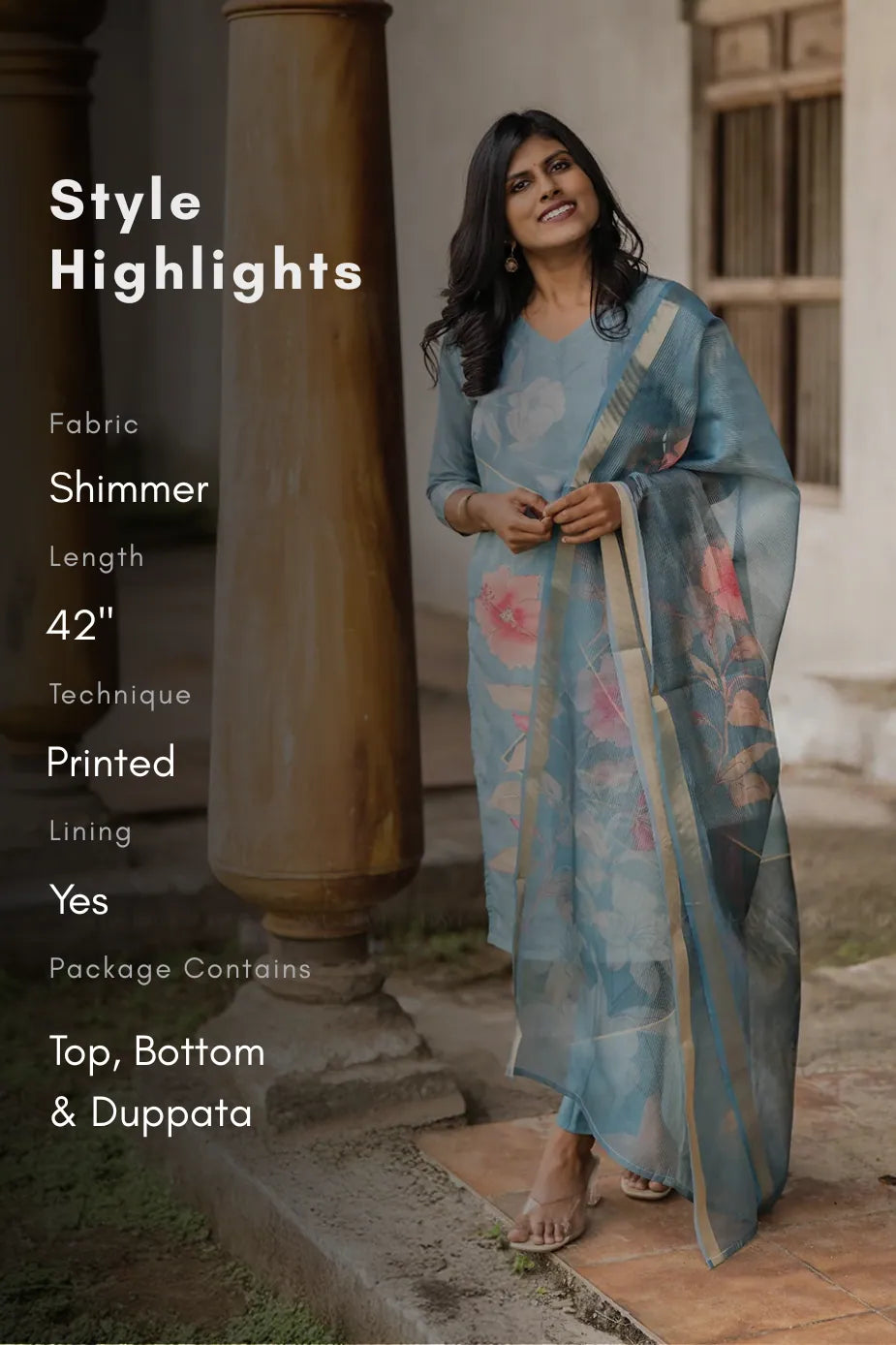 Blush Horizon Blue 3 Piece Shimmer Tissue Blend Floral Placement Print Kurta with Pant &amp; Dupatta