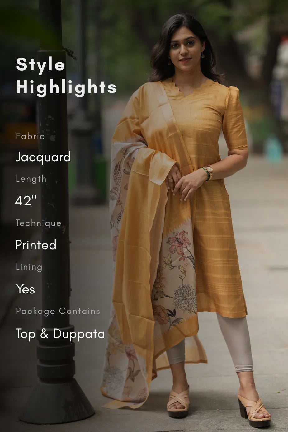 Swanira Yellow printed 2 Piece Jacquard Kurta with Dupatta