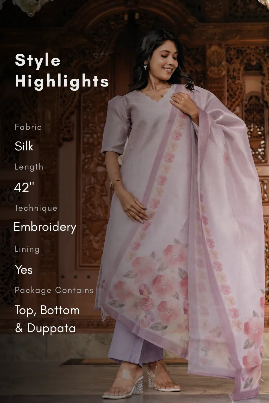 Lilac Blossom 3 Piece Crush Silk Blend Hand-Embroidered Kurta with Pant &amp; Dupatta
