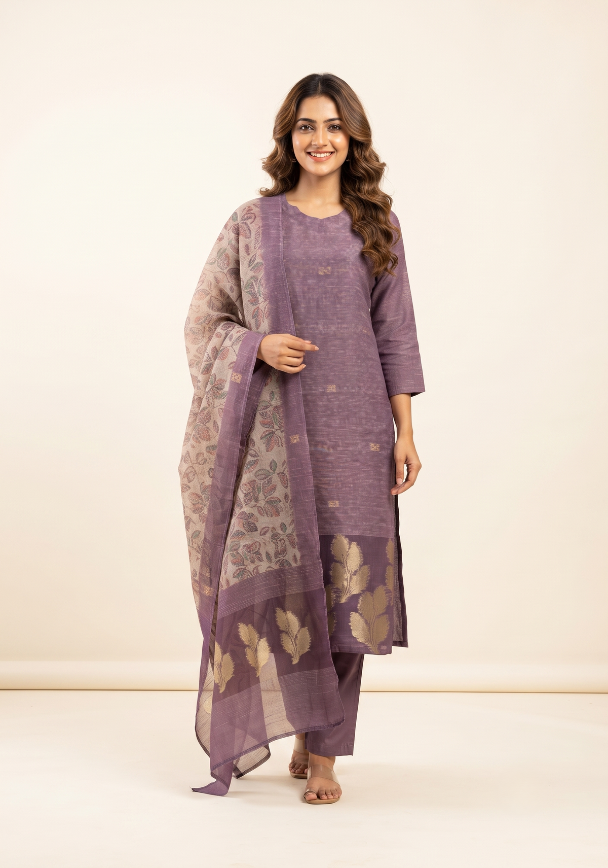 Petal Mist Jacquard 3 Piece Linen Kurta Set with Dupatta