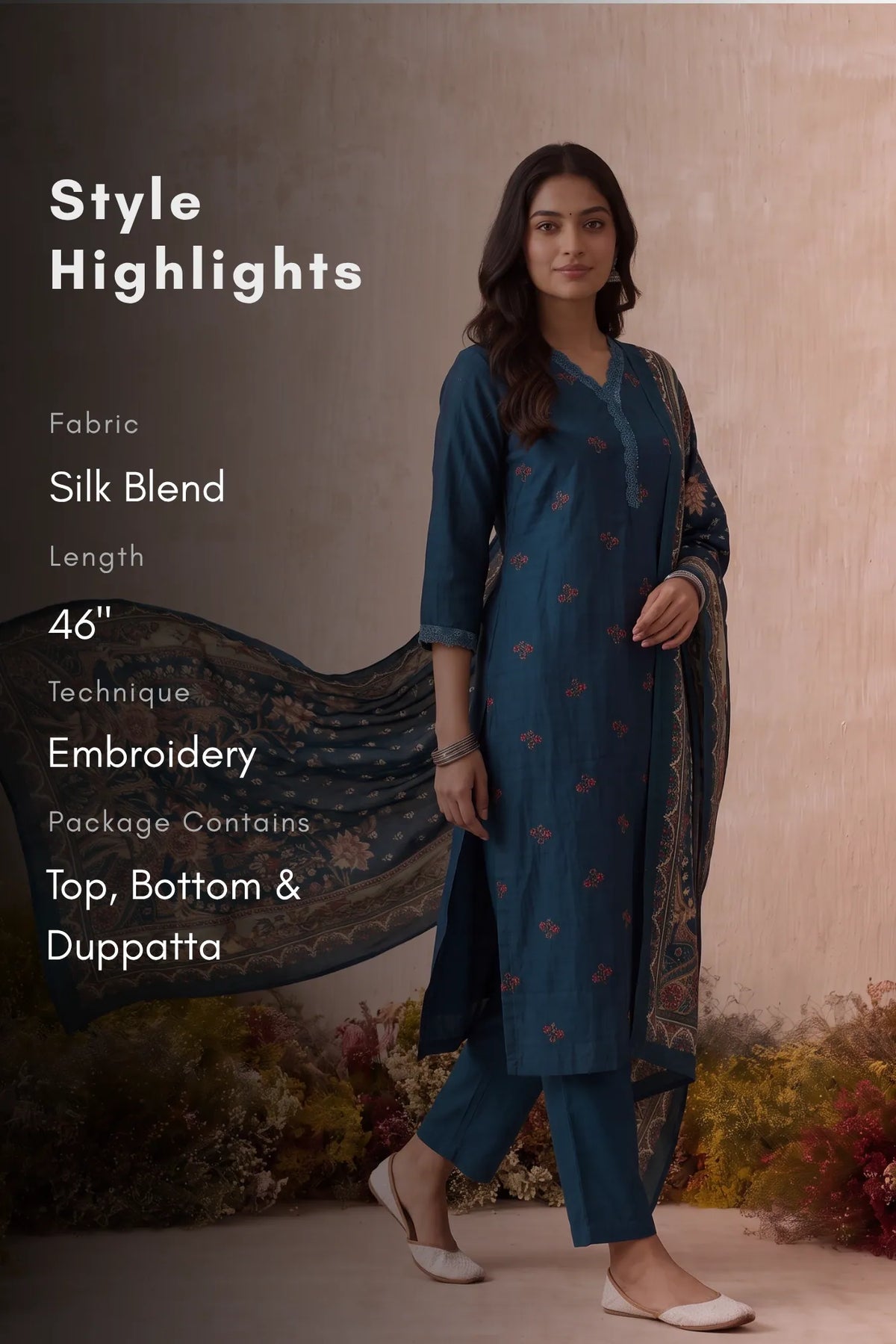 Floral Laceway Teal Silk Blend Embroidered 3-Piece Kurta Set