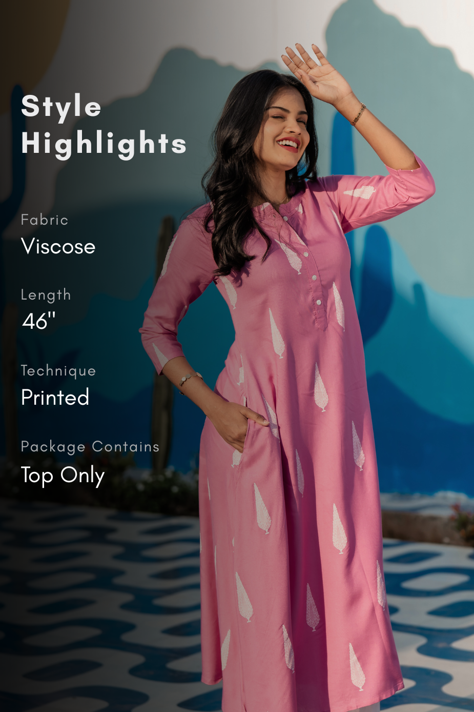 Blush Fern Onion Pink Viscose A-Line Kurta with Chinese Collar &amp; 3/4th Sleeves