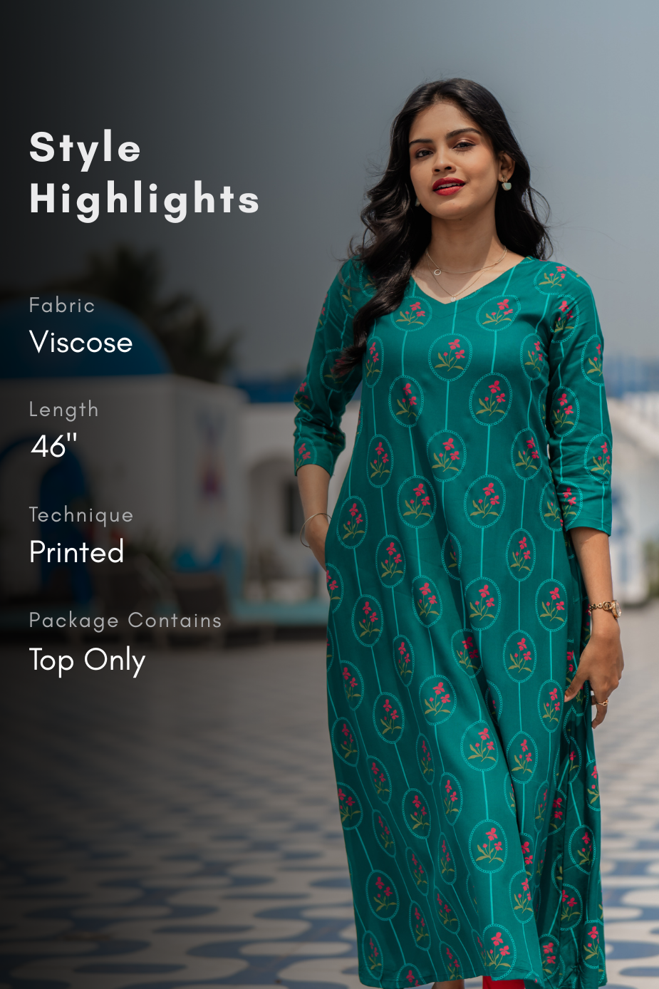 Aara Bloom Green Viscose A-Line Kurta with V-Neck &amp; 3/4th Sleeves