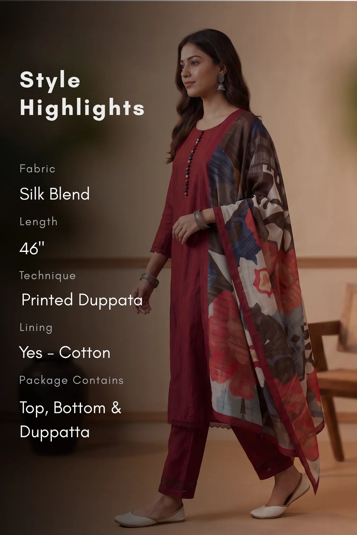 Berry Cascade Red Silk Blend Printed 3-Piece Kurta Set