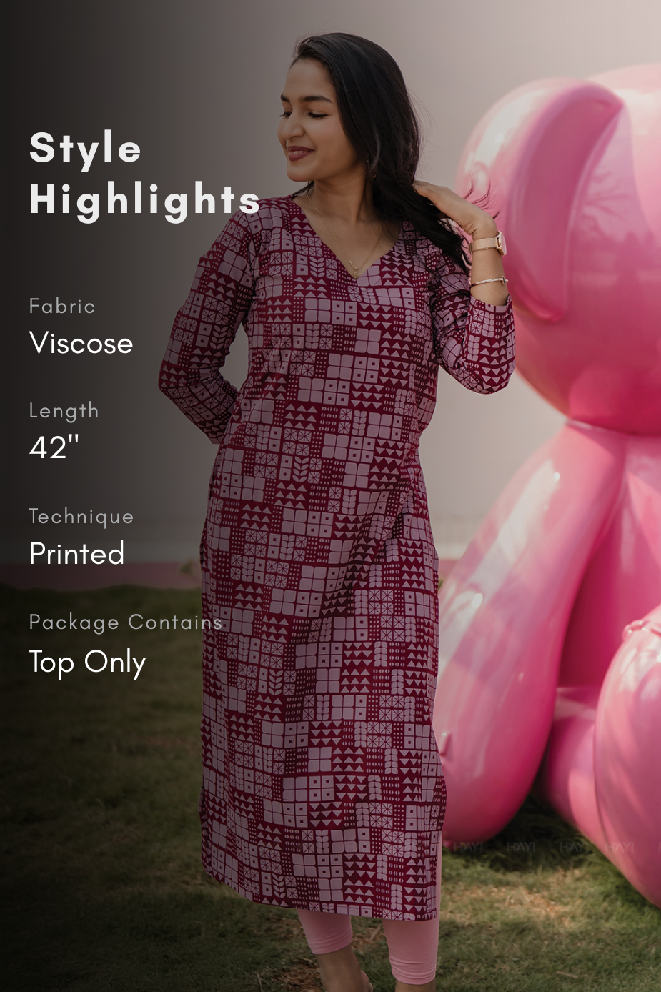 Plum Grid Maroon Viscose Kurta with Curved V-Neck &amp; 3/4 Sleeves