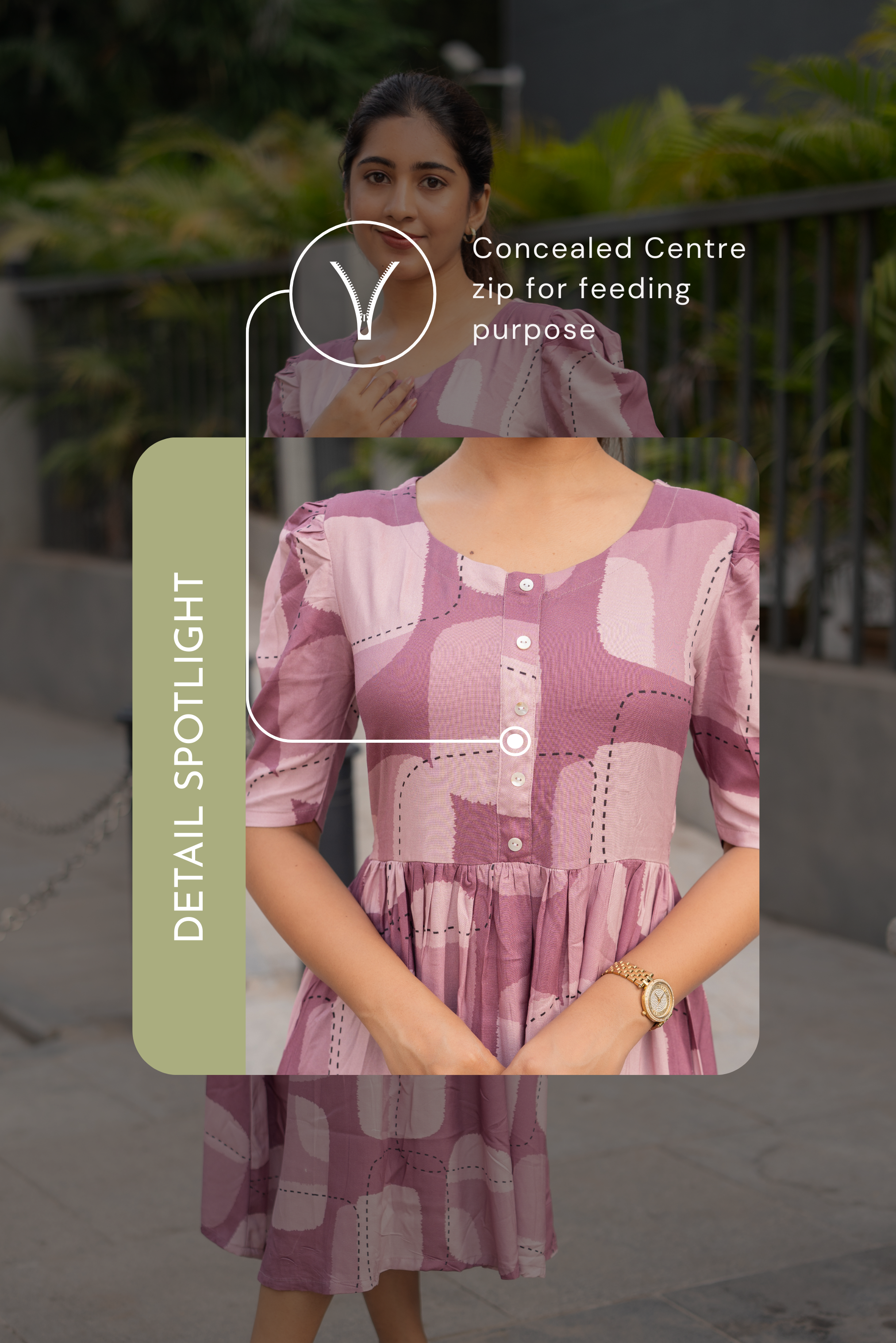 Dusty Calm Mauve Printed Maternity and Feeding Viscose Dress