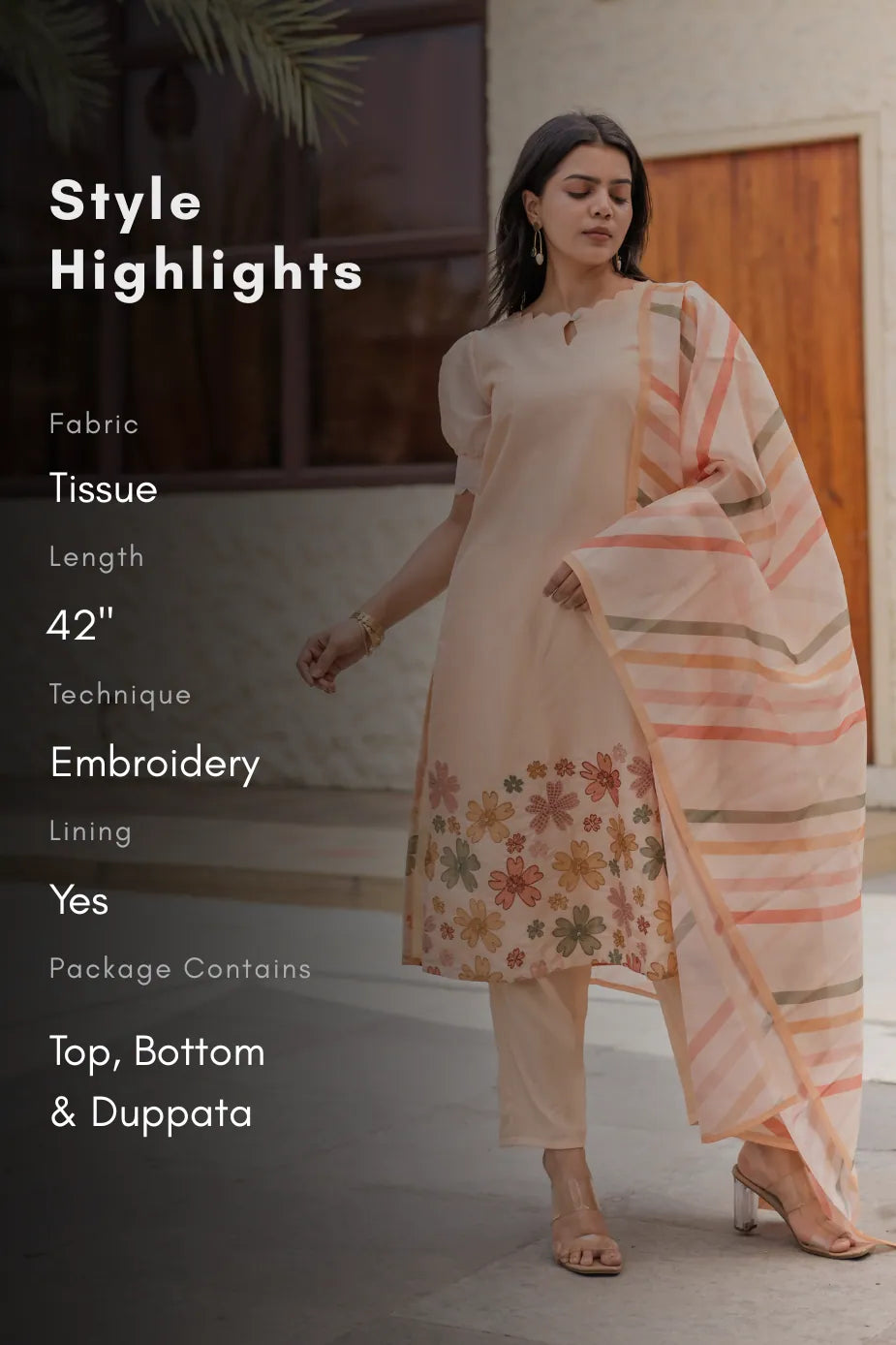 Buttercup Beige Embroidered 3 Piece Tissue silk blend Kurta with Pant &amp; Dupatta