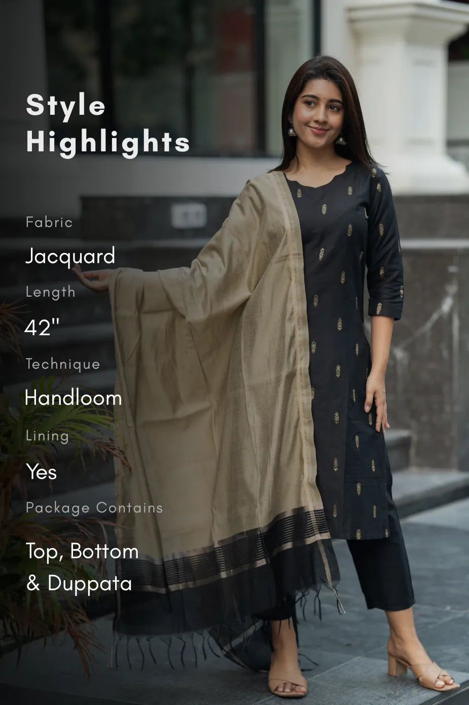 Twilight Weft Black 3 Piece Viscose Jacquard Weave Kurta with Pant &amp; Dupatta